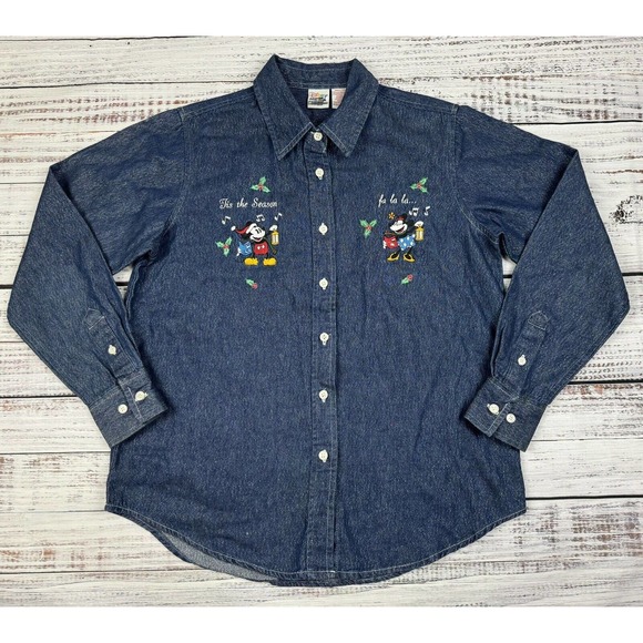 Vtg Disney Mickey Minnie Embroidered Denim Button Shirt Glitter Christmas‎ Sz S - Picture 1 of 4